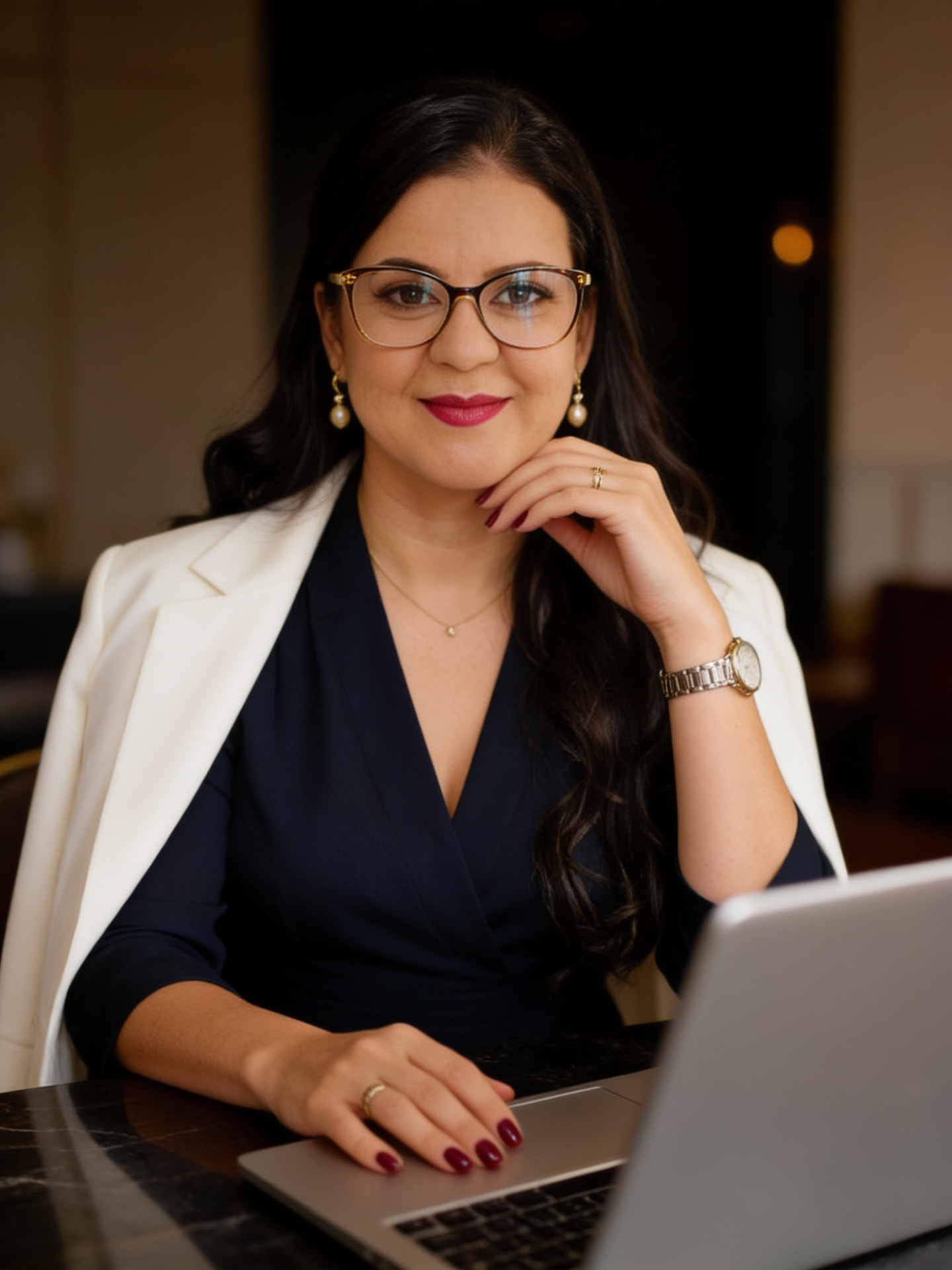 Lisânia Kelly atendendo online, sentada com notebook em ambiente aconchegante